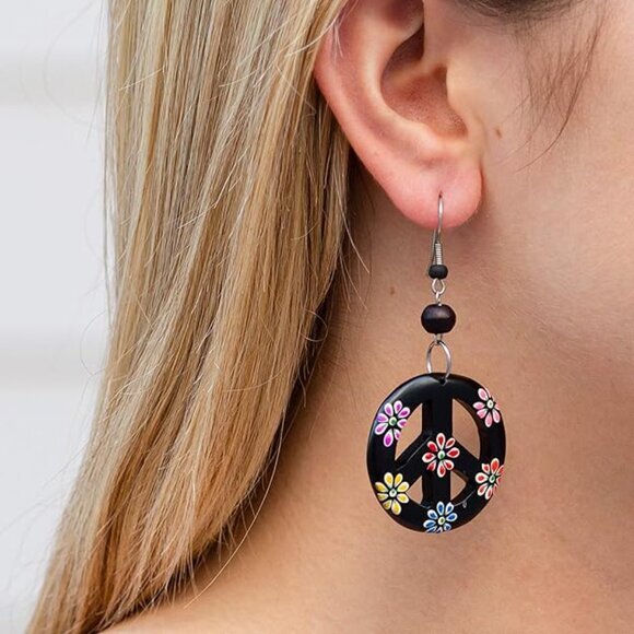 Peace Sign Dangle Earrings with Organic Wood Hippie Accessories and Costume - Picture 4 of 6